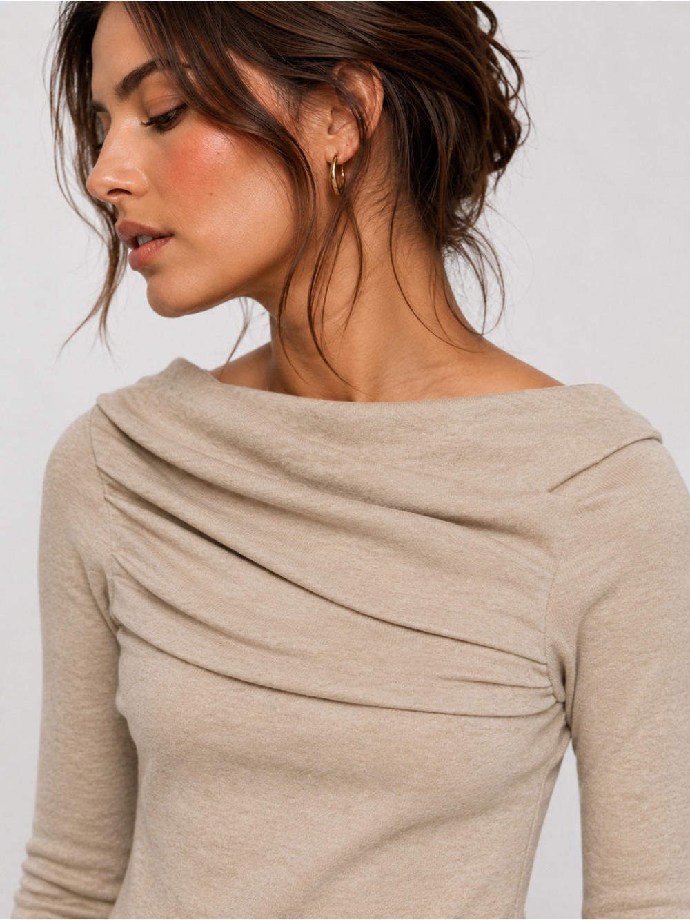 Commense Beige Draped Neck Ribbed Long Sleeve Top – Size Small